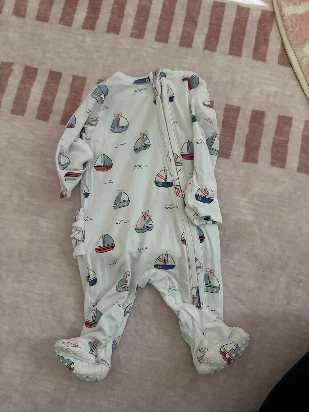 Angel Dear White Footed One-Piece with Blue and Red Sailboats